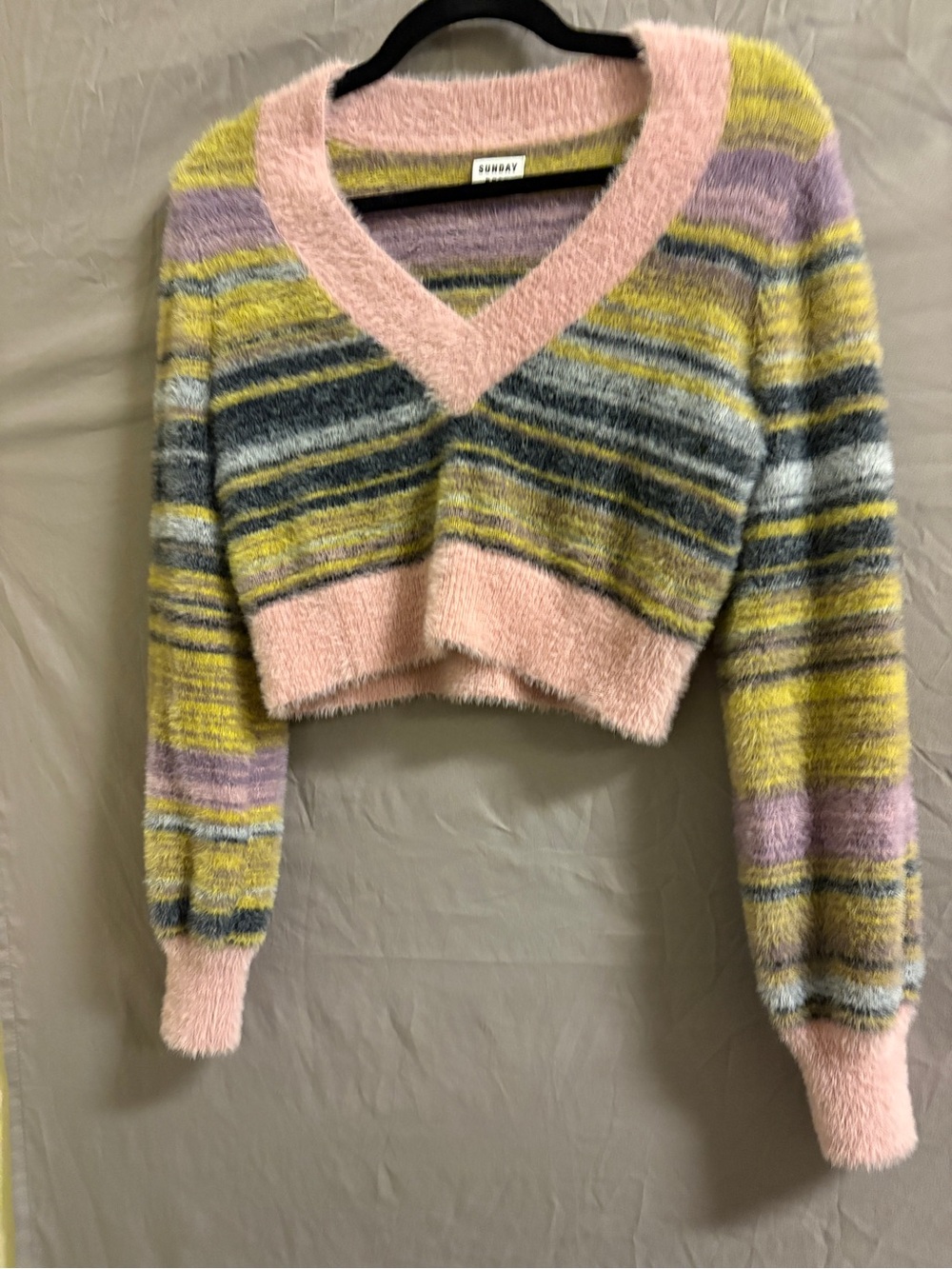 Sunday Best Pink, Yellow & Gray Fuzzy Striped V-Neck Sweater